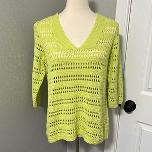 Chico’s Highlighter Lime V Neck Open Knit Sweater